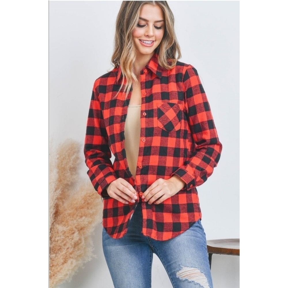 Check Me Out Sherpa Fleece Lined Plaid Flannel Shirt in Red & Black - Picture 6 of 11